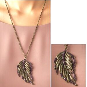 🎁 Purple Rhinestones Feather-Leaf Bronze Pendant Necklace/ Art Nouveau-Inspired